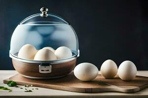 eggs in a glass container on a cutting board. AI-Generated photo