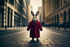 a rabbit wearing a red coat and tie standing in the middle of a city street. AI-Generated photo
