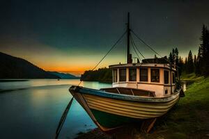 a boat sits on the shore at sunset. AI-Generated photo