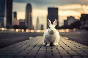 a white rabbit is standing on a street in front of a city. AI-Generated photo