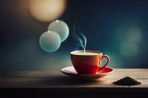 a cup of coffee on a wooden table with a candle. AI-Generated photo