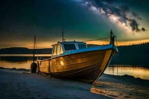 a boat sits on the shore at night. AI-Generated photo