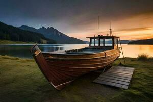 a boat sits on the shore of a lake at sunset. AI-Generated photo