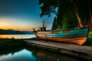 un barco se sienta en el muelle a puesta de sol. generado por ai foto