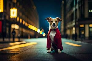 a dog in a red coat sitting on the street at night. AI-Generated photo