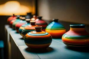 colorful vases lined up on a table. AI-Generated photo