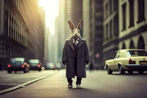 a rabbit wearing a suit and tie standing in the middle of a city street. AI-Generated photo