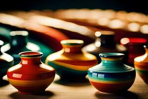 colorful vases are lined up on a table. AI-Generated photo