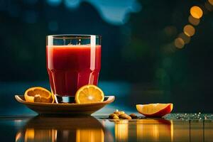 a glass of juice with oranges and nuts. AI-Generated photo