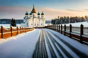 a snowy road leads to a church in the winter. AI-Generated photo