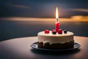 a birthday cake with a single candle on top. AI-Generated photo