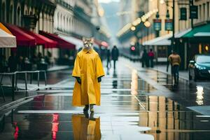 a cat in a raincoat walking down a street. AI-Generated photo