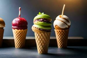 five ice cream cones with different flavors. AI-Generated photo