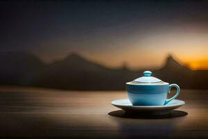 a blue cup and saucer on a table in front of a mountain. AI-Generated photo