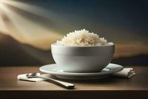 rice in a bowl on a table. AI-Generated photo