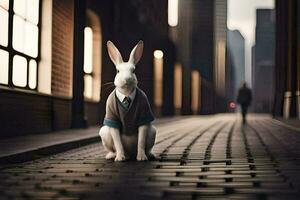 a rabbit in a suit sitting on a brick road. AI-Generated photo