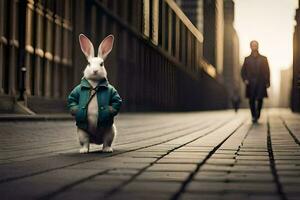 a rabbit in a blue jacket standing on a street. AI-Generated photo