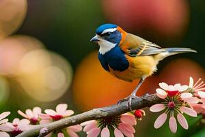 a colorful bird sits on a branch with pink flowers. AI-Generated photo