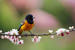 a bird sits on a branch with flowers. AI-Generated photo