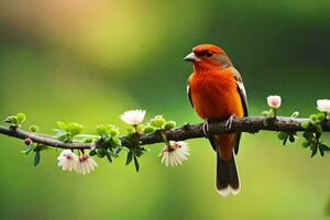 a red bird sits on a branch with white flowers. AI-Generated photo
