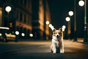 un perro sentado en el calle a noche. generado por ai foto