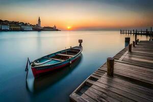 a boat sits on the dock at sunset. AI-Generated photo