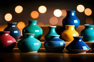 a row of colorful vases on a table. AI-Generated photo