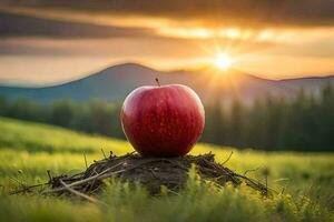 an apple sits on top of a mound in a field. AI-Generated photo