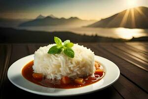 un plato de arroz con vegetales y tomate salsa en un de madera mesa. generado por ai foto
