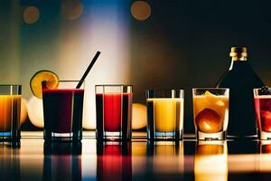 a row of glasses with different drinks. AI-Generated photo