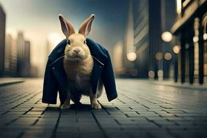 a rabbit wearing a jacket on the street. AI-Generated photo