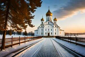 a church in the snow with a road leading to it. AI-Generated photo