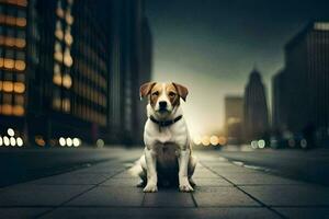 un perro sentado en el calle en frente de un ciudad. generado por ai foto