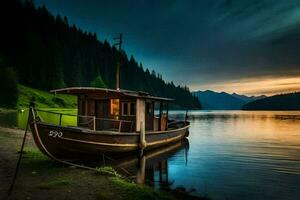 a boat sits on the shore of a lake at sunset. AI-Generated photo