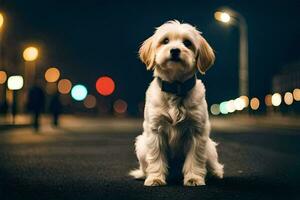 a dog sitting on the street at night. AI-Generated photo