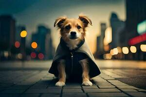 a dog wearing a cape sits on the street. AI-Generated photo