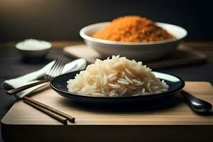 a plate of rice and chopsticks on a wooden table. AI-Generated photo