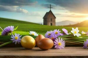 Pascua de Resurrección huevos, flores, iglesia, amanecer, amanecer, amanecer hd fondo de pantalla. generado por ai foto