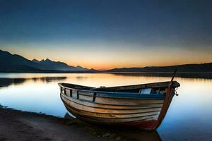 un barco se sienta en el apuntalar a puesta de sol. generado por ai foto