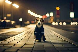 a dog in a jacket sitting on a brick walkway at night. AI-Generated photo