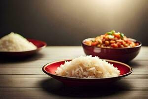 two bowls of rice and a bowl of beans. AI-Generated photo