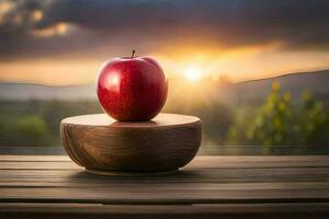 an apple sits on top of a wooden table with the sun setting behind it. AI-Generated photo