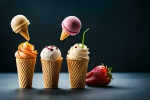 three ice cream cones with different flavors and strawberries. AI-Generated photo