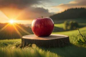 an apple sits on top of a stump in a field. AI-Generated photo