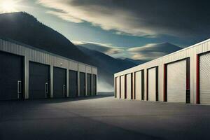 a row of storage units with mountains in the background. AI-Generated photo
