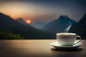 a cup of coffee on a table in the mountains. AI-Generated photo