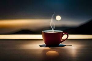 un taza de café en un mesa en frente de un lleno Luna. generado por ai foto