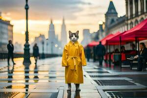 un gato en un amarillo impermeable en pie en un calle. generado por ai foto