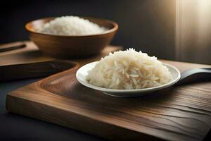 a bowl of rice on a wooden cutting board. AI-Generated photo