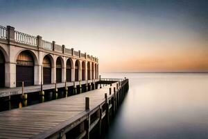 a pier with a long dock and a building at sunset. AI-Generated photo